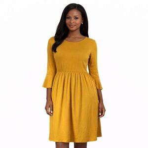 Rich Mustard Yellow Gold Knit Fit & Flare Dress With Pockets & 3/4 Bell Sleeves